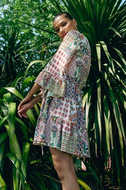 Roman Pink Patchwork Print Tie Waist Dress