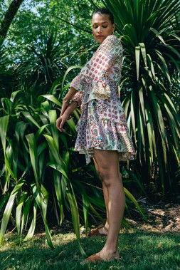 Roman Pink Patchwork Print Tie Waist Dress
