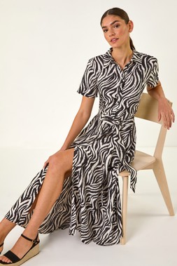 Roman Zebra Print Belted Shirt Dress