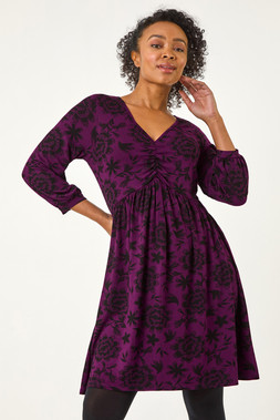 Roman Petite Magenta Floral Ruched Dress