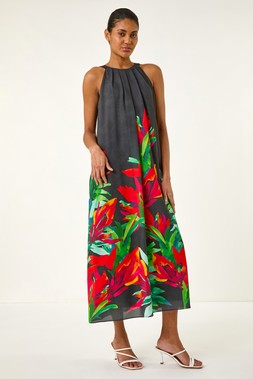 Roman Black Floral Watercolour Motif Midi Dress