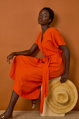 Roman Orange Button Linen Mix Midi Dress