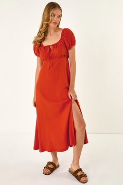 Roman Puff Sleeve Linen Mix Midi Dress