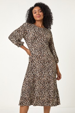 Roman Petite Black Petite Animal Print Stretch Midi Dress