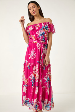 Roman Floral Print Bardot Belted Maxi Dress