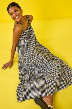 Roman Black Gingham Embroidered Midi Dress