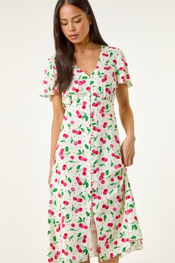Roman Petite Red Cherry Print Button Tea Dress