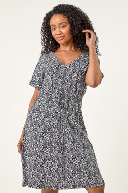 Roman Petite Navy Floral Print Tie Waist Dress