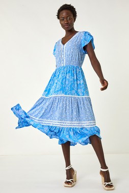 Roman Light Blue Floral Mix Print Ric Rac Midi