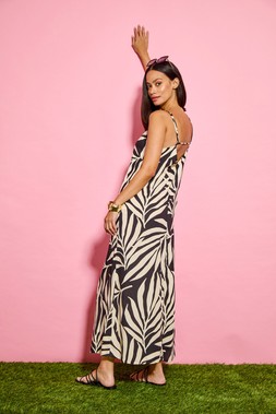 Roman Dusk Black Mono Leaf Print Maxi Dress