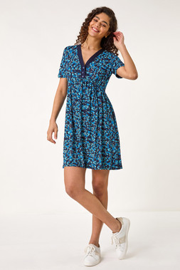 Roman Navy Floral Print Contrast Band Dress