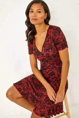 Roman Rust Floral Print Wrap Frill Stretch Dress