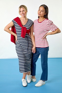 Roman Petite Navy V-Neck Stripe Stretch Dress