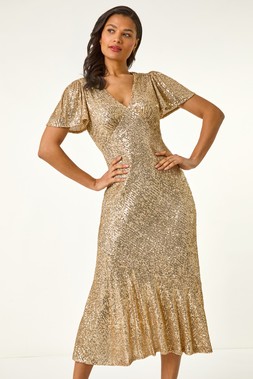 Roman Gold Sequin Frill Hem Midi Dress
