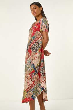 Roman Patchwork Print Curved Hem Midi Dress