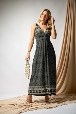 Roman Petite Black Palm Print Border Maxi Dress