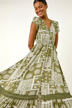 Roman Patchwork Lace Trim Maxi Dress