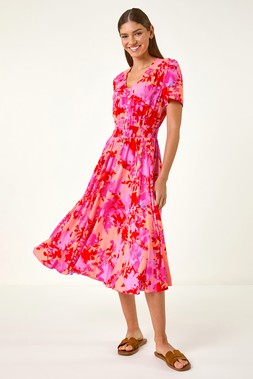 Roman Pink Shadow Floral Print Shirred Midi Dress