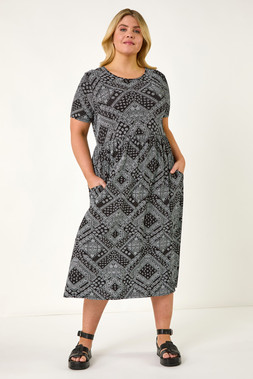 Roman Curve Black Paisley Print Stretch Midi Dress