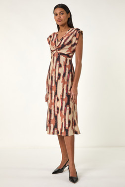 Roman Tan Abstract Print V-Neck Twist Midi Dress