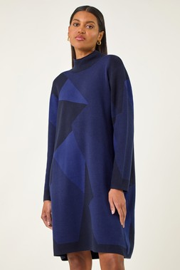 Roman Blue Geometric Knit Jumper Dress