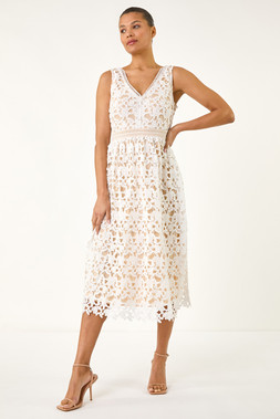 Roman Lace Overlay V-Neck Midi Dress