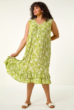 Roman Curve Palm Print Peated V-Neck Dress