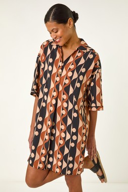 Roman Tan Geometric Collared Shirt Dress