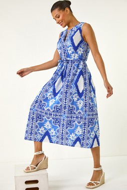 Roman Blue Abstract Halter Midi Dress