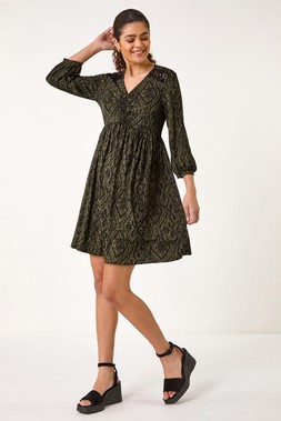 Roman Khaki Abstract Print Lace Trim Dress