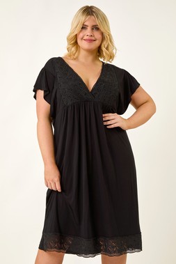 Roman Curve Black Lace V-Neck Midi Dress