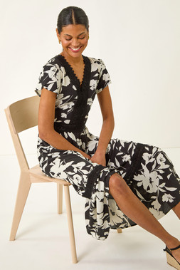 Roman Floral Print Lace Trim Midi Dress