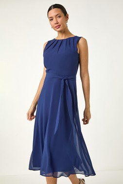 Roman Chiffon Pleat Neck Midi Dress
