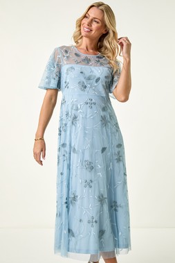 Roman Petite Blue Embroidered Mesh Midi Dress