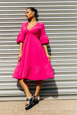 Roman Linen Look Shirred Midi Dress