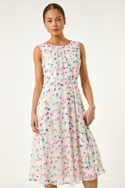 Roman Petite Ivory Abstract Print Pleated Midi Dress