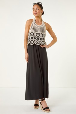 Roman Petite Black Crochet Contrast Dress
