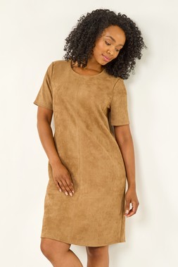 Roman Petite Tan Faux Suede Stretch Shift Dress
