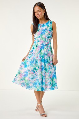 Roman Petite Blue Pleat Neck Abstract Dress