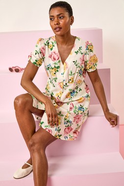Roman Floral Print V-Neck Tea Dress