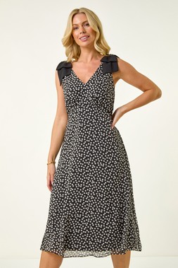 Roman Petite Black Spot Print Bow Midi Dress