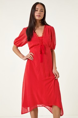 Roman Red Petite Spot Print Lace Bow Midi Dress
