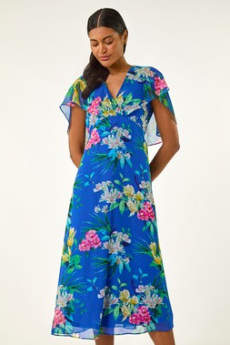 Roman Floral Chiffon Back Cape Dress