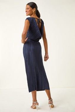 Roman Navy Plisse Cowl Back Midi Dress