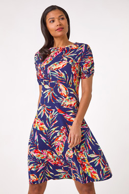 Roman Navy Leaf Print Short Dress