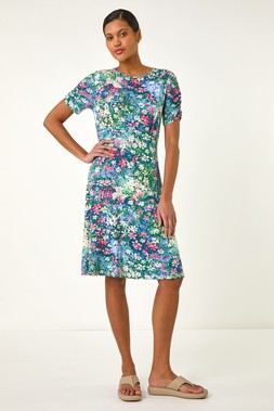 Roman Green Ditsy Floral Print Stretch Short Dress