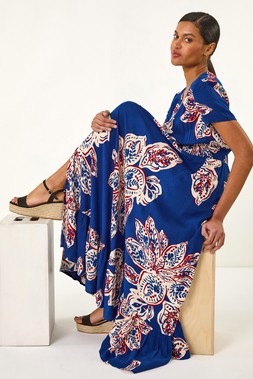 Roman Leaf Print Shirred Maxi Dress