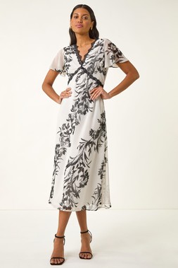 Roman White Lace Trim V-Neck Chiffon Midi Dress