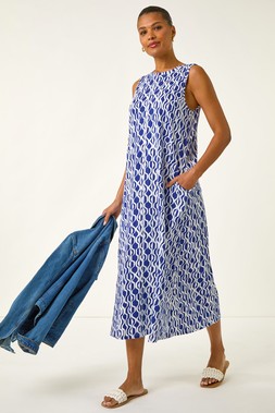 Roman Royal Blue Geo Print Pocket Midi Dress