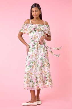 Roman Cream Floral Bardot Midi Dress